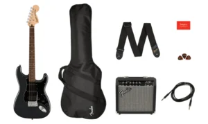 Guitarra Eléctrica Fender Squier Affinity Series Stratocaster HSS Pack con amplificador, accesorios y funda, acabado Charcoal Frost Metallic.