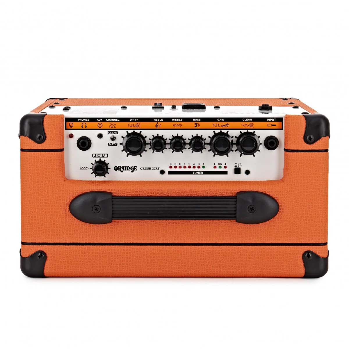 Amplificador de guitarra Orange Crush 20RT de 20W con dos canales, reverb digital, afinador integrado y salida con simulación de cabina. Compacto, versátil y con el característico sonido británico de Orange.