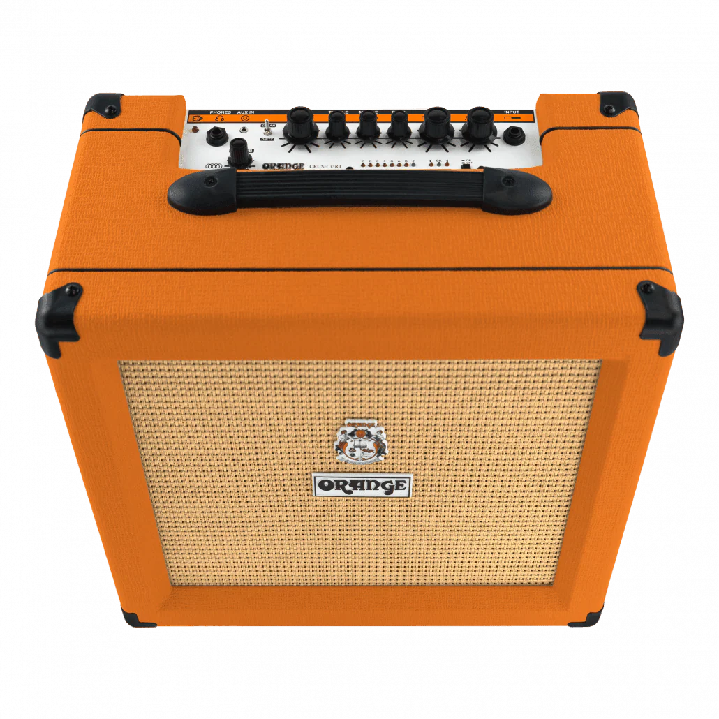 Amplificador de guitarra Orange Crush 20RT de 20W con dos canales, reverb digital, afinador integrado y salida con simulación de cabina. Compacto, versátil y con el característico sonido británico de Orange.