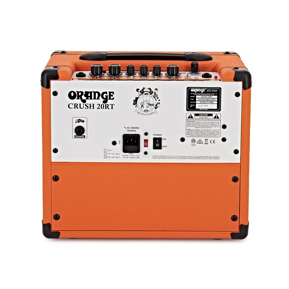 Amplificador de guitarra Orange Crush 20RT de 20W con dos canales, reverb digital, afinador integrado y salida con simulación de cabina. Compacto, versátil y con el característico sonido británico de Orange.