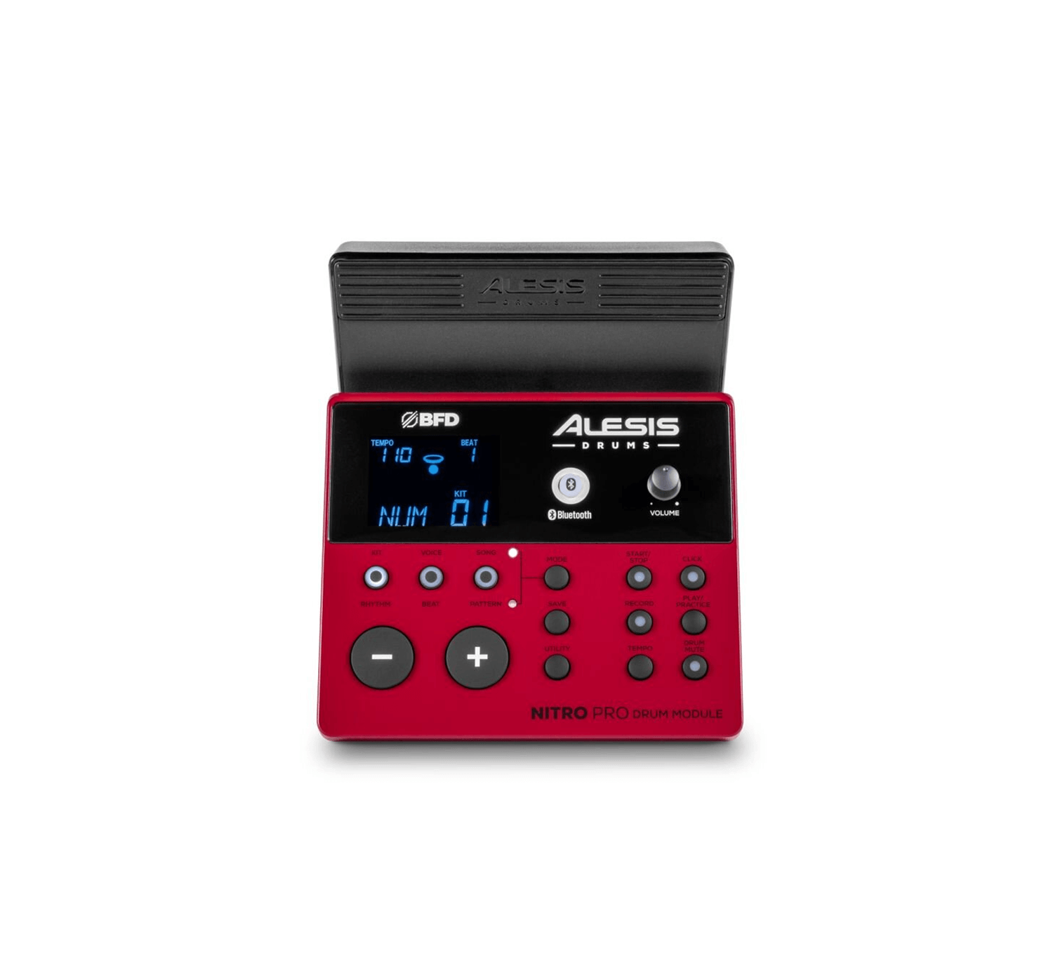 Alt texto para imagen de pads y módulo en un ángulo cercano Vista cercana del módulo Alesis Nitro Pro junto a los pads de malla del redoblante y los toms, montados en el rack.