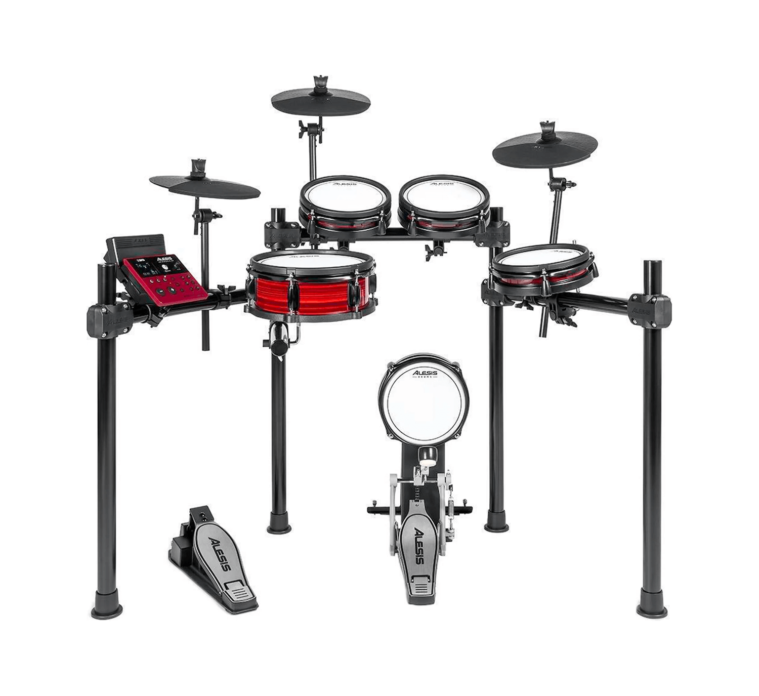 Batería electrónica Alesis Nitro Pro fotografiada desde arriba, mostrando distribución completa de pads, platos y módulo.