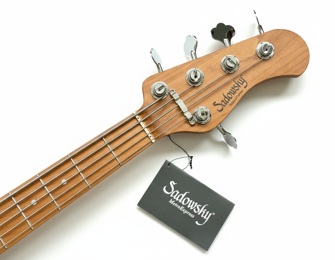 Vista frontal de la cabeza del bajo Sadowsky con cinco afinadores alineados y logo grabado