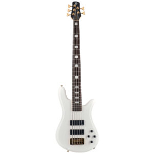Bajo eléctrico Spector ICON NS‑5 White Gloss de 5 cuerdas, con pastillas Aguilar DCB y preamplificador activo OBP‑2 para un sonido potente y versátil.