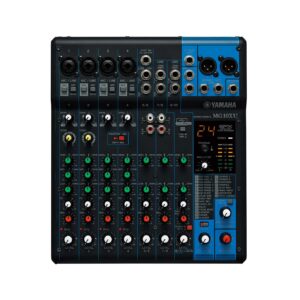 Vista superior de la consola análoga Yamaha MG10XU de 10 canales con perillas de colores