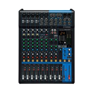 Vista frontal del mezclador análogo Yamaha MG12XU con faders deslizantes de 60mm y controles de colores.
