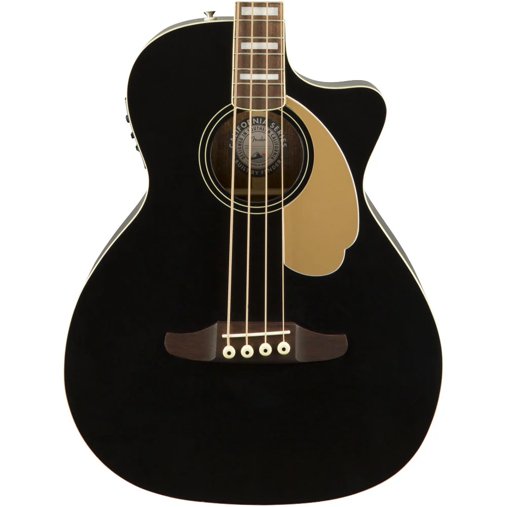 Fender Kingman Bass negro de escala corta con diseño estilo Jazz Bass.