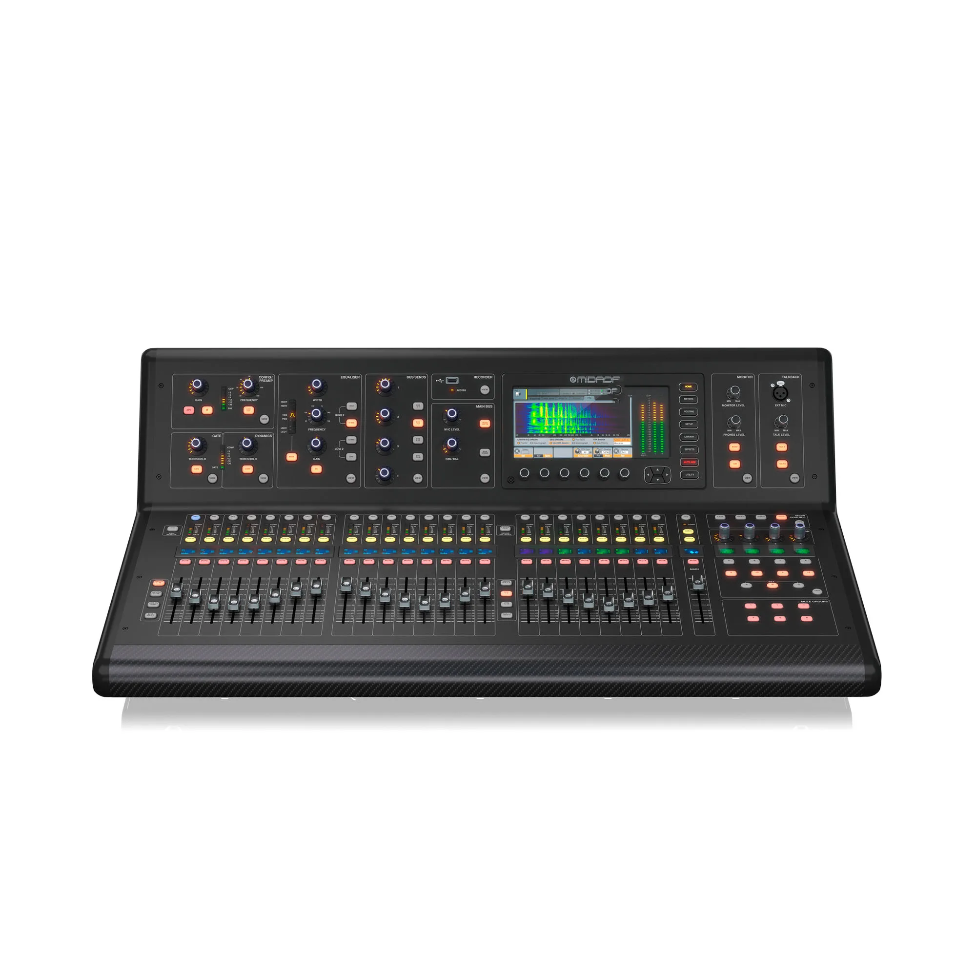 Consola digital MIDAS M32 LIVE de 32 canales con preamplificadores profesionales y grabación multipista integrada.
