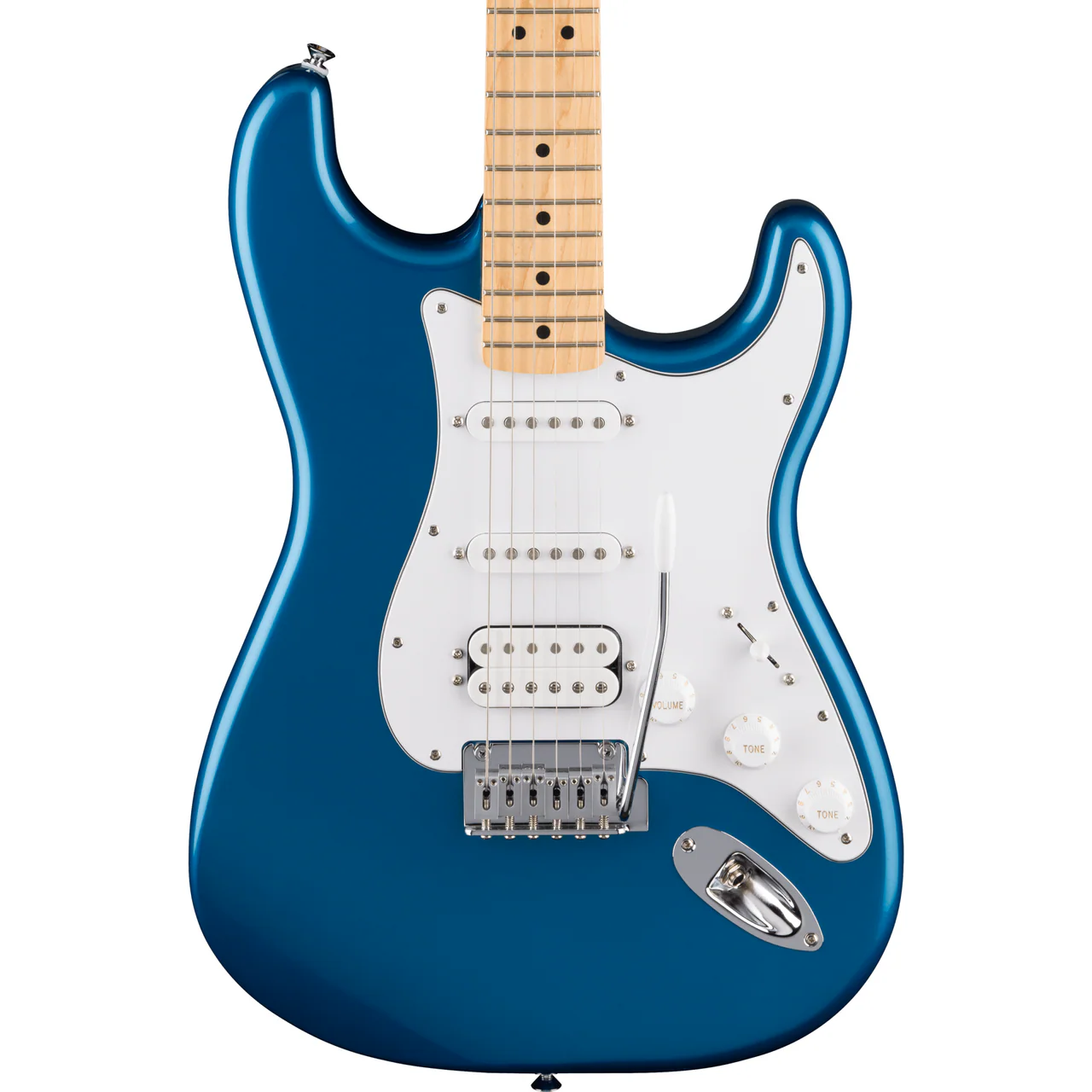 Fender Stratocaster Standard con acabado metálico aguamarina, diseño ergonómico y sonido característico de la marca.